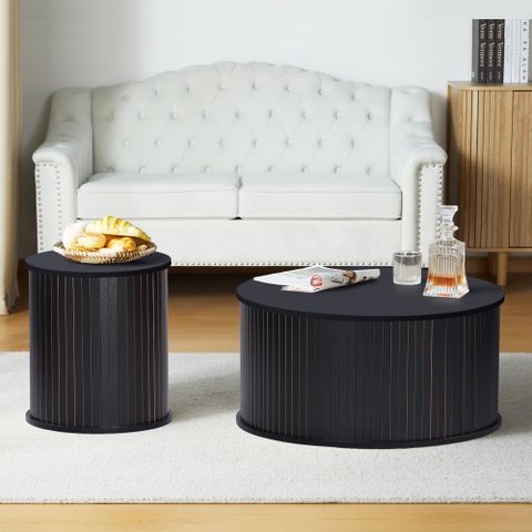 Wirrytor Set Of 2 Black Round Nesting Coffee Tables With End Wood Top For Living Room, Office ... inside Gewnee Modern Round Nesting Coffee Table Fluted, Black